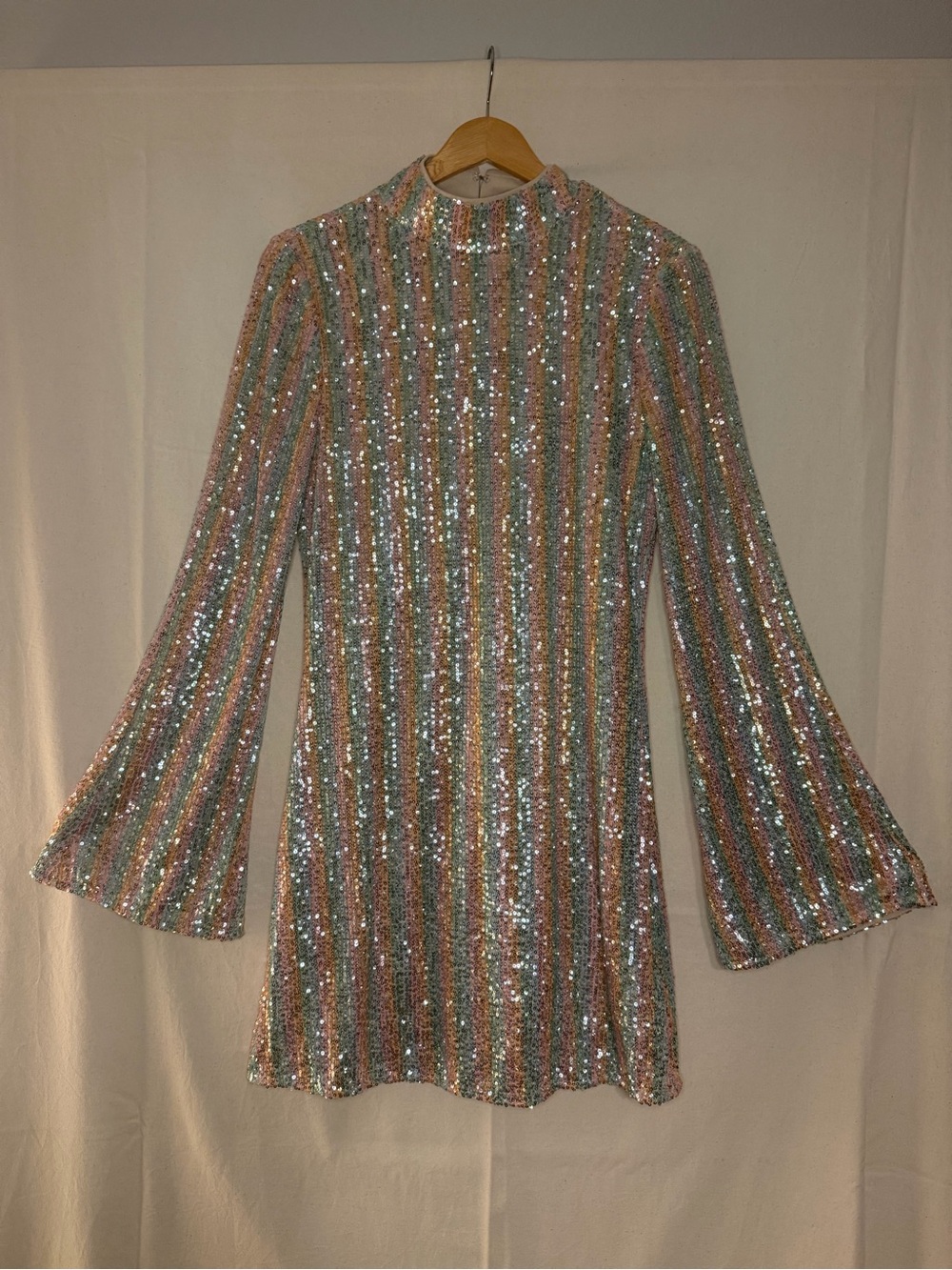 Sequin Striped Mini Dress in Pastel Multi Bell Sleeves